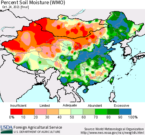 China, Mongolia and Taiwan Percent Soil Moisture (WMO) Thematic Map For 10/18/2021 - 10/24/2021