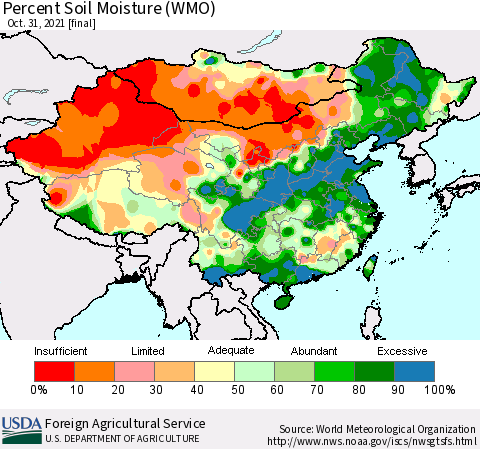 China, Mongolia and Taiwan Percent Soil Moisture (WMO) Thematic Map For 10/25/2021 - 10/31/2021