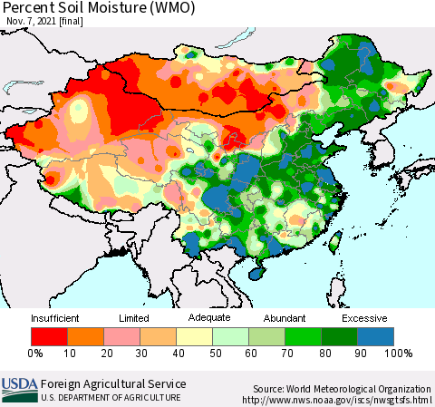 China, Mongolia and Taiwan Percent Soil Moisture (WMO) Thematic Map For 11/1/2021 - 11/7/2021