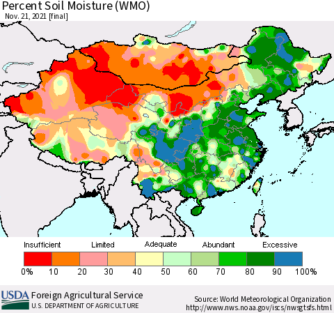 China, Mongolia and Taiwan Percent Soil Moisture (WMO) Thematic Map For 11/15/2021 - 11/21/2021