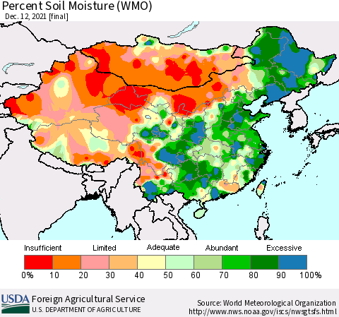China, Mongolia and Taiwan Percent Soil Moisture (WMO) Thematic Map For 12/6/2021 - 12/12/2021