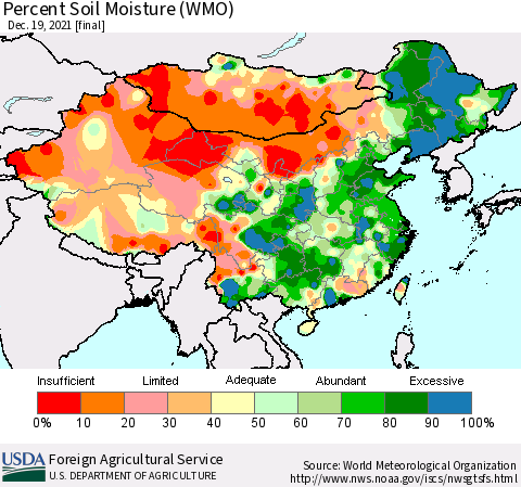China, Mongolia and Taiwan Percent Soil Moisture (WMO) Thematic Map For 12/13/2021 - 12/19/2021