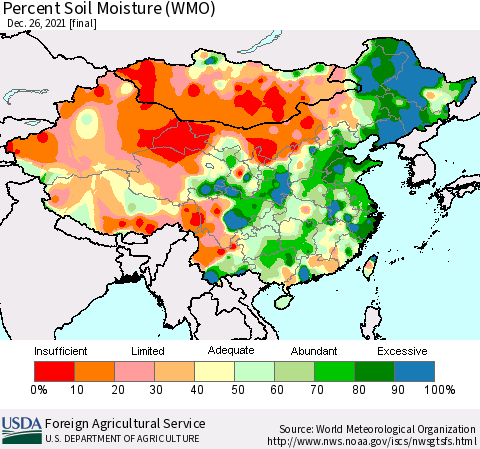 China, Mongolia and Taiwan Percent Soil Moisture (WMO) Thematic Map For 12/20/2021 - 12/26/2021