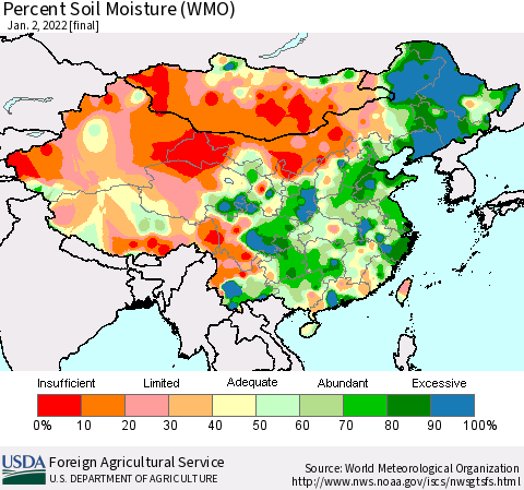 China, Mongolia and Taiwan Percent Soil Moisture (WMO) Thematic Map For 12/27/2021 - 1/2/2022