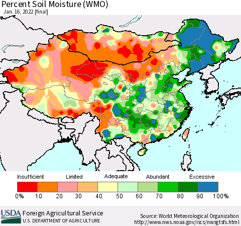 China, Mongolia and Taiwan Percent Soil Moisture (WMO) Thematic Map For 1/10/2022 - 1/16/2022