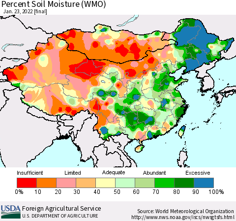 China, Mongolia and Taiwan Percent Soil Moisture (WMO) Thematic Map For 1/17/2022 - 1/23/2022