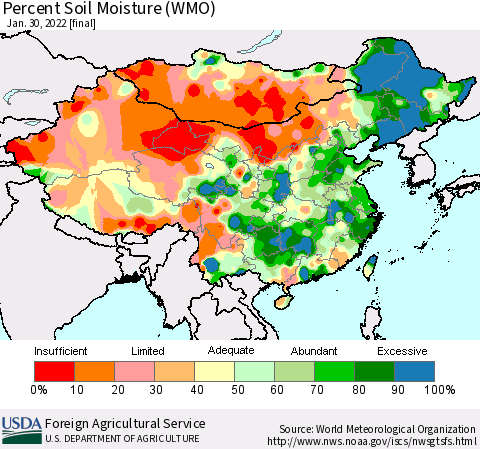 China, Mongolia and Taiwan Percent Soil Moisture (WMO) Thematic Map For 1/24/2022 - 1/30/2022
