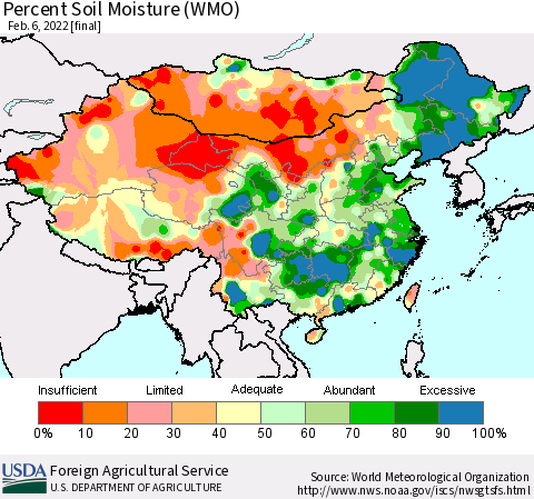 China, Mongolia and Taiwan Percent Soil Moisture (WMO) Thematic Map For 1/31/2022 - 2/6/2022
