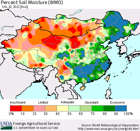 China, Mongolia and Taiwan Percent Soil Moisture (WMO) Thematic Map For 2/14/2022 - 2/20/2022