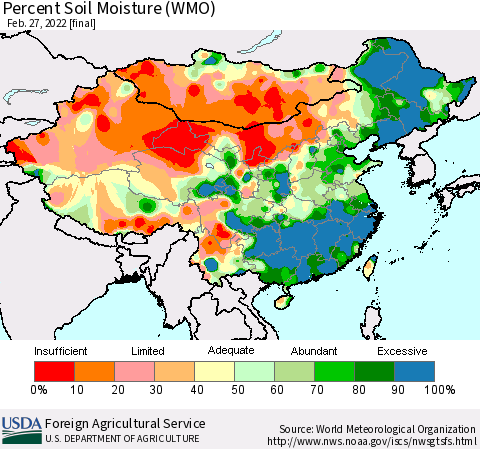 China, Mongolia and Taiwan Percent Soil Moisture (WMO) Thematic Map For 2/21/2022 - 2/27/2022