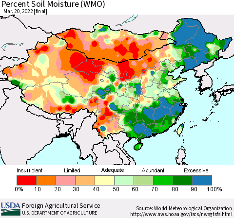 China, Mongolia and Taiwan Percent Soil Moisture (WMO) Thematic Map For 3/14/2022 - 3/20/2022
