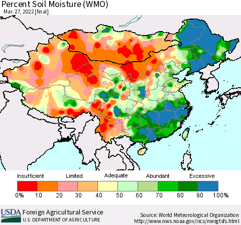 China, Mongolia and Taiwan Percent Soil Moisture (WMO) Thematic Map For 3/21/2022 - 3/27/2022