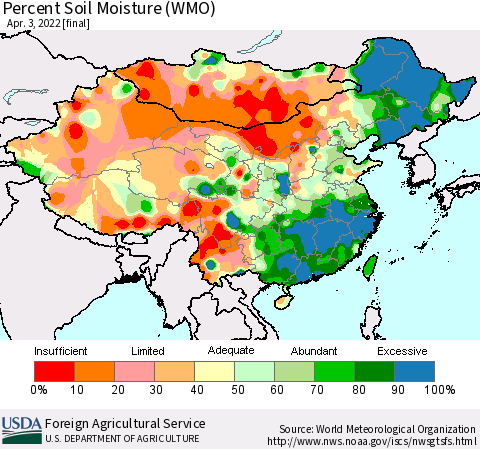 China, Mongolia and Taiwan Percent Soil Moisture (WMO) Thematic Map For 3/28/2022 - 4/3/2022