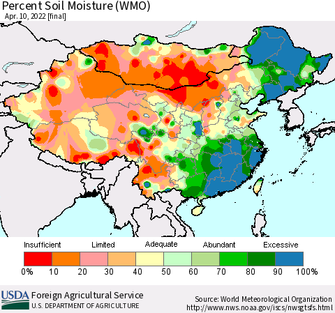 China, Mongolia and Taiwan Percent Soil Moisture (WMO) Thematic Map For 4/4/2022 - 4/10/2022