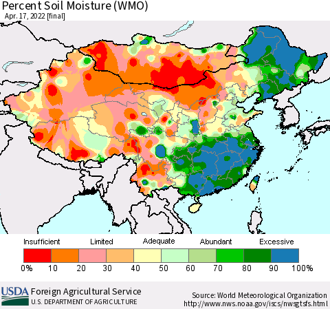 China, Mongolia and Taiwan Percent Soil Moisture (WMO) Thematic Map For 4/11/2022 - 4/17/2022