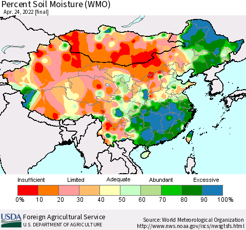 China, Mongolia and Taiwan Percent Soil Moisture (WMO) Thematic Map For 4/18/2022 - 4/24/2022