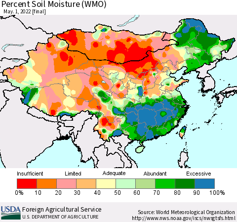 China, Mongolia and Taiwan Percent Soil Moisture (WMO) Thematic Map For 4/25/2022 - 5/1/2022
