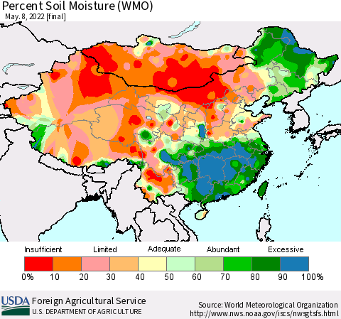 China, Mongolia and Taiwan Percent Soil Moisture (WMO) Thematic Map For 5/2/2022 - 5/8/2022