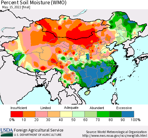 China, Mongolia and Taiwan Percent Soil Moisture (WMO) Thematic Map For 5/9/2022 - 5/15/2022
