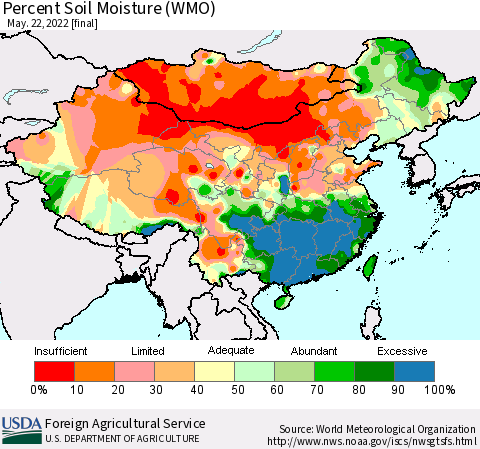 China, Mongolia and Taiwan Percent Soil Moisture (WMO) Thematic Map For 5/16/2022 - 5/22/2022