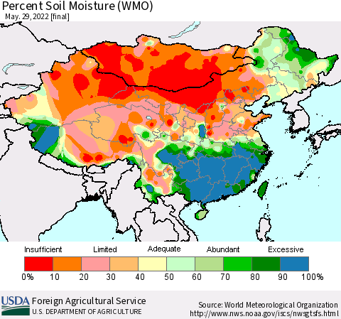 China, Mongolia and Taiwan Percent Soil Moisture (WMO) Thematic Map For 5/23/2022 - 5/29/2022