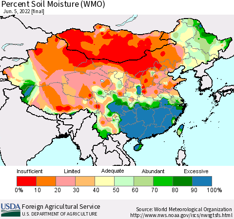 China, Mongolia and Taiwan Percent Soil Moisture (WMO) Thematic Map For 5/30/2022 - 6/5/2022