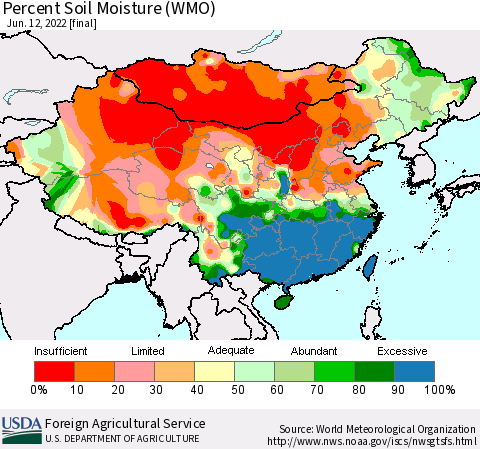 China, Mongolia and Taiwan Percent Soil Moisture (WMO) Thematic Map For 6/6/2022 - 6/12/2022