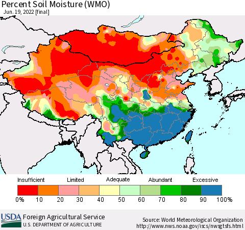 China, Mongolia and Taiwan Percent Soil Moisture (WMO) Thematic Map For 6/13/2022 - 6/19/2022