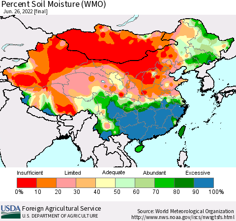 China, Mongolia and Taiwan Percent Soil Moisture (WMO) Thematic Map For 6/20/2022 - 6/26/2022