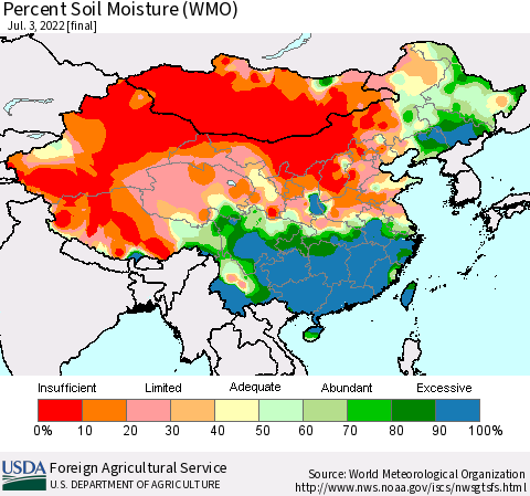 China, Mongolia and Taiwan Percent Soil Moisture (WMO) Thematic Map For 6/27/2022 - 7/3/2022
