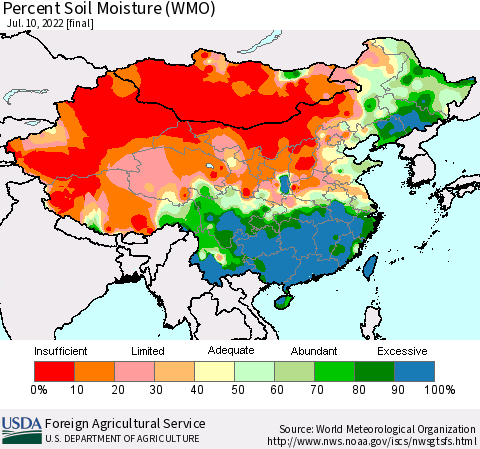 China, Mongolia and Taiwan Percent Soil Moisture (WMO) Thematic Map For 7/4/2022 - 7/10/2022