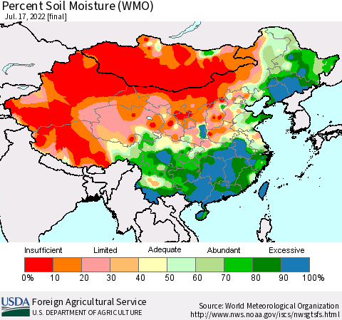 China, Mongolia and Taiwan Percent Soil Moisture (WMO) Thematic Map For 7/11/2022 - 7/17/2022