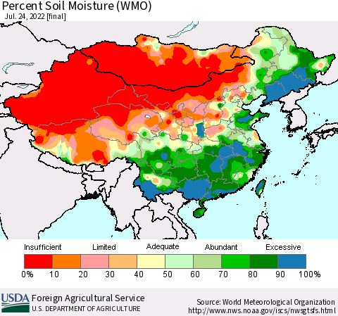 China, Mongolia and Taiwan Percent Soil Moisture (WMO) Thematic Map For 7/18/2022 - 7/24/2022
