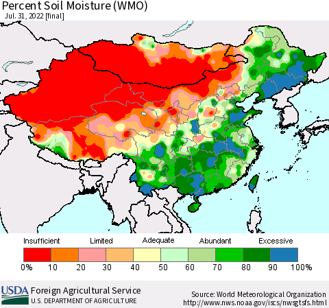 China, Mongolia and Taiwan Percent Soil Moisture (WMO) Thematic Map For 7/25/2022 - 7/31/2022