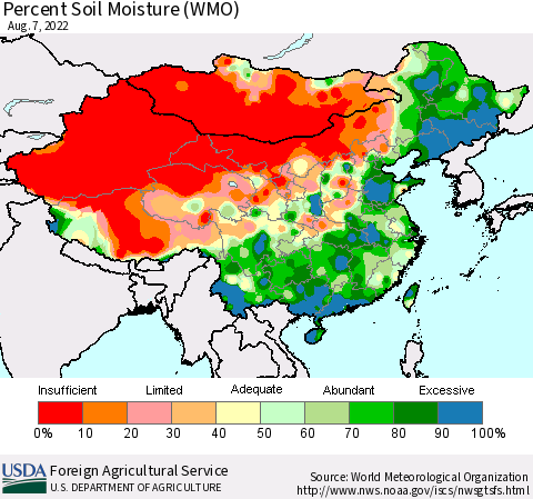 China, Mongolia and Taiwan Percent Soil Moisture (WMO) Thematic Map For 8/1/2022 - 8/7/2022