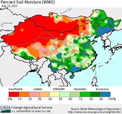China, Mongolia and Taiwan Percent Soil Moisture (WMO) Thematic Map For 8/8/2022 - 8/14/2022