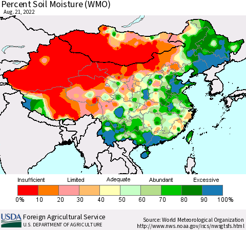 China, Mongolia and Taiwan Percent Soil Moisture (WMO) Thematic Map For 8/15/2022 - 8/21/2022