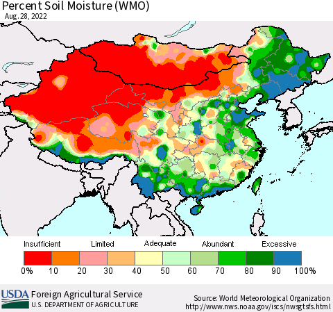 China, Mongolia and Taiwan Percent Soil Moisture (WMO) Thematic Map For 8/22/2022 - 8/28/2022