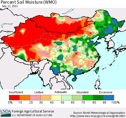 China, Mongolia and Taiwan Percent Soil Moisture (WMO) Thematic Map For 9/5/2022 - 9/11/2022