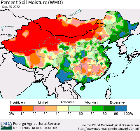 China, Mongolia and Taiwan Percent Soil Moisture (WMO) Thematic Map For 9/19/2022 - 9/25/2022