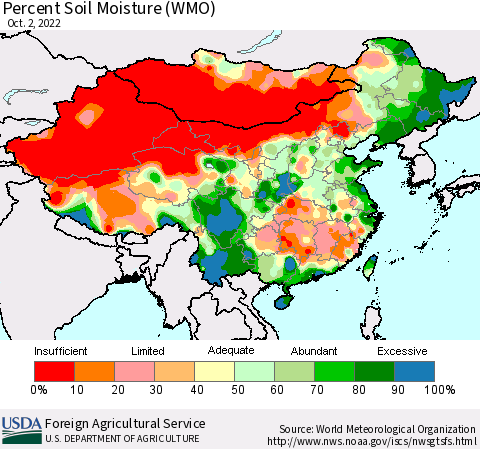 China, Mongolia and Taiwan Percent Soil Moisture (WMO) Thematic Map For 9/26/2022 - 10/2/2022