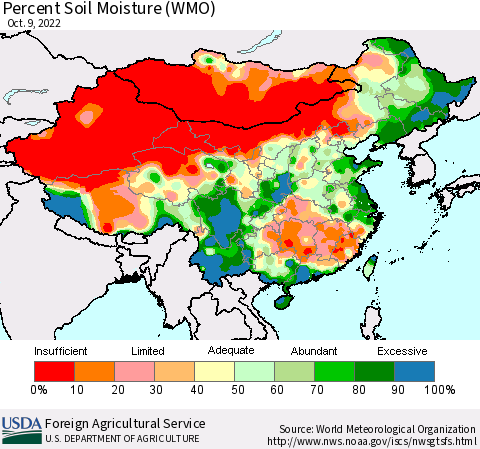 China, Mongolia and Taiwan Percent Soil Moisture (WMO) Thematic Map For 10/3/2022 - 10/9/2022