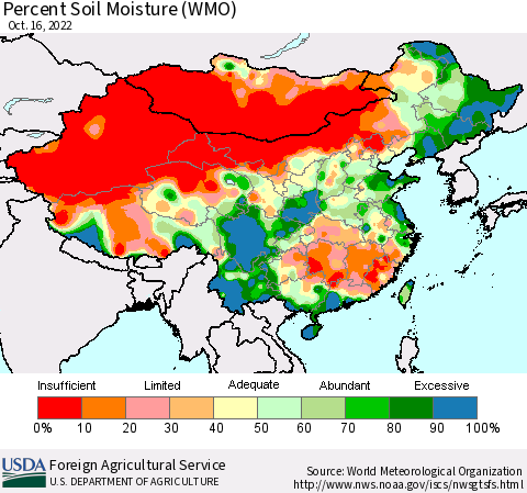 China, Mongolia and Taiwan Percent Soil Moisture (WMO) Thematic Map For 10/10/2022 - 10/16/2022