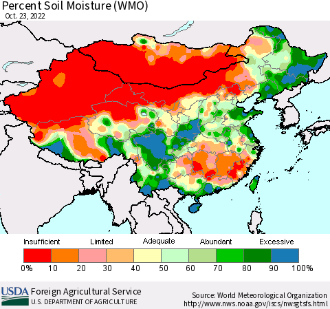 China, Mongolia and Taiwan Percent Soil Moisture (WMO) Thematic Map For 10/17/2022 - 10/23/2022