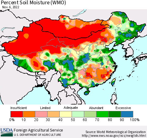 China, Mongolia and Taiwan Percent Soil Moisture (WMO) Thematic Map For 10/31/2022 - 11/6/2022