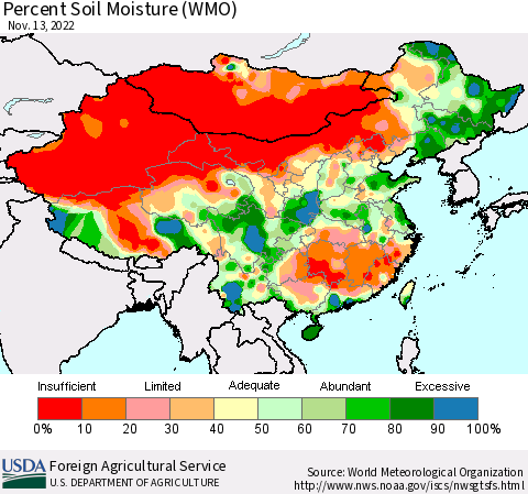 China, Mongolia and Taiwan Percent Soil Moisture (WMO) Thematic Map For 11/7/2022 - 11/13/2022