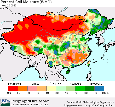 China, Mongolia and Taiwan Percent Soil Moisture (WMO) Thematic Map For 11/14/2022 - 11/20/2022