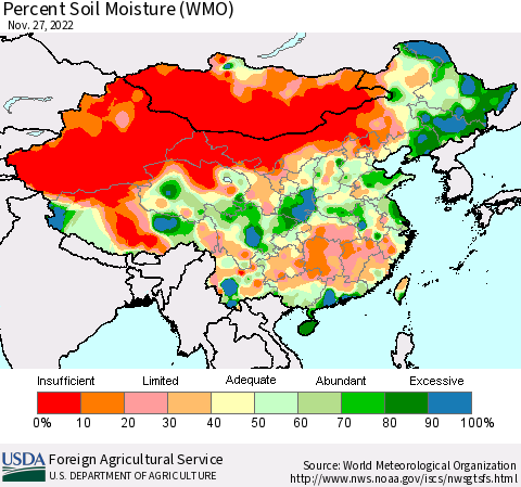 China, Mongolia and Taiwan Percent Soil Moisture (WMO) Thematic Map For 11/21/2022 - 11/27/2022