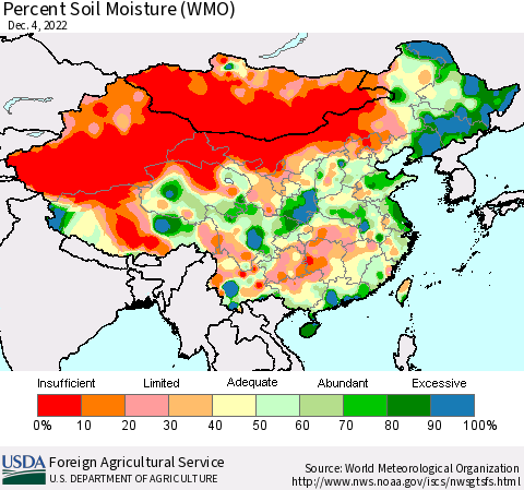 China, Mongolia and Taiwan Percent Soil Moisture (WMO) Thematic Map For 11/28/2022 - 12/4/2022