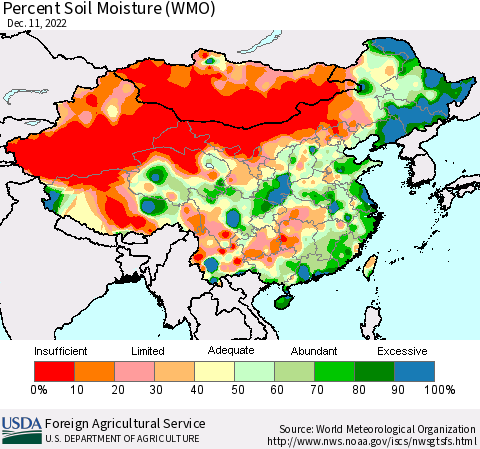 China, Mongolia and Taiwan Percent Soil Moisture (WMO) Thematic Map For 12/5/2022 - 12/11/2022